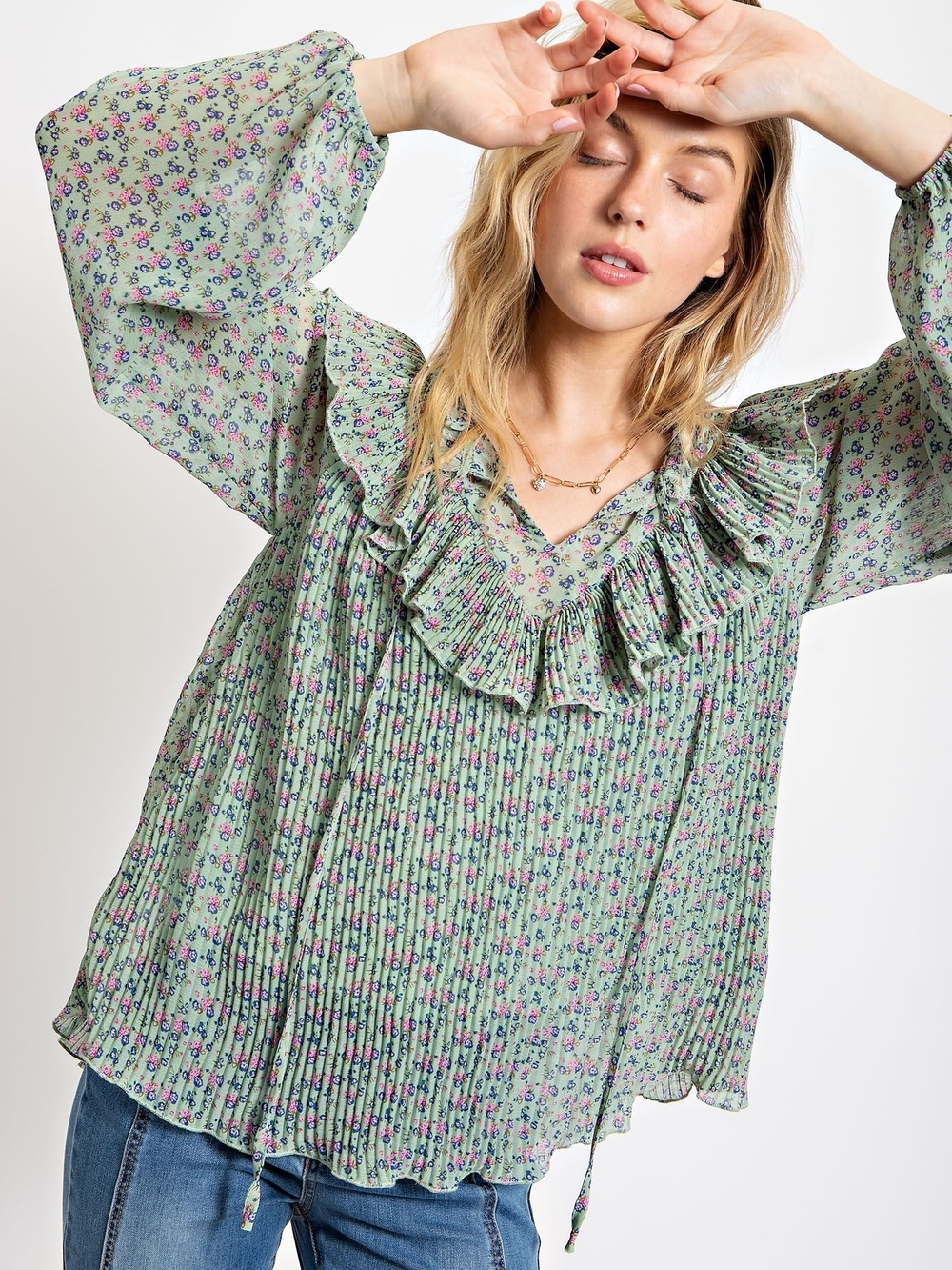 EASEL Mint Floral Pleated Ruffle V-Neck Blouse (New In Bag)